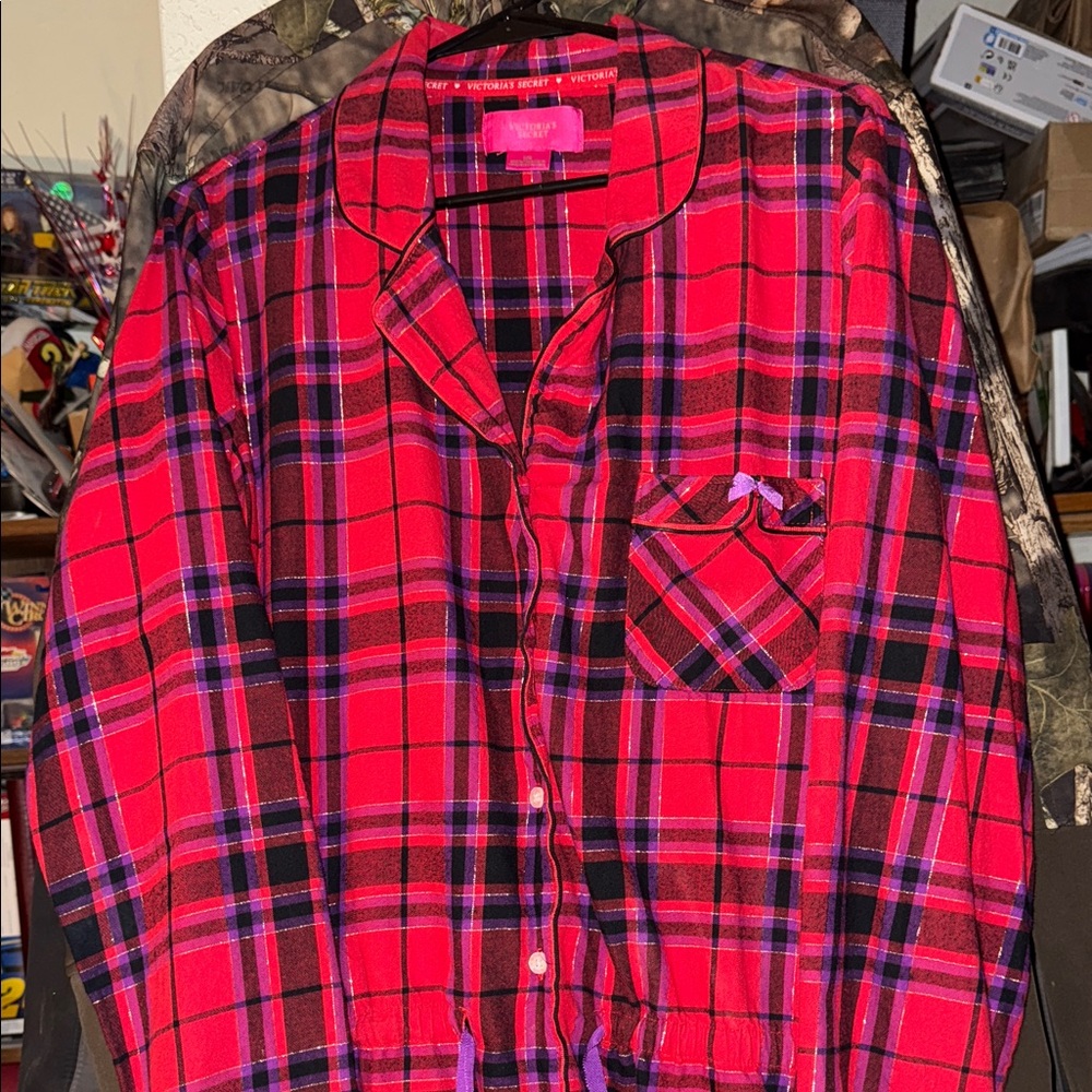 👚 Women's Victoria's Secret L Red Plaid Flannel Tie Waist Nightgown Shirt Top